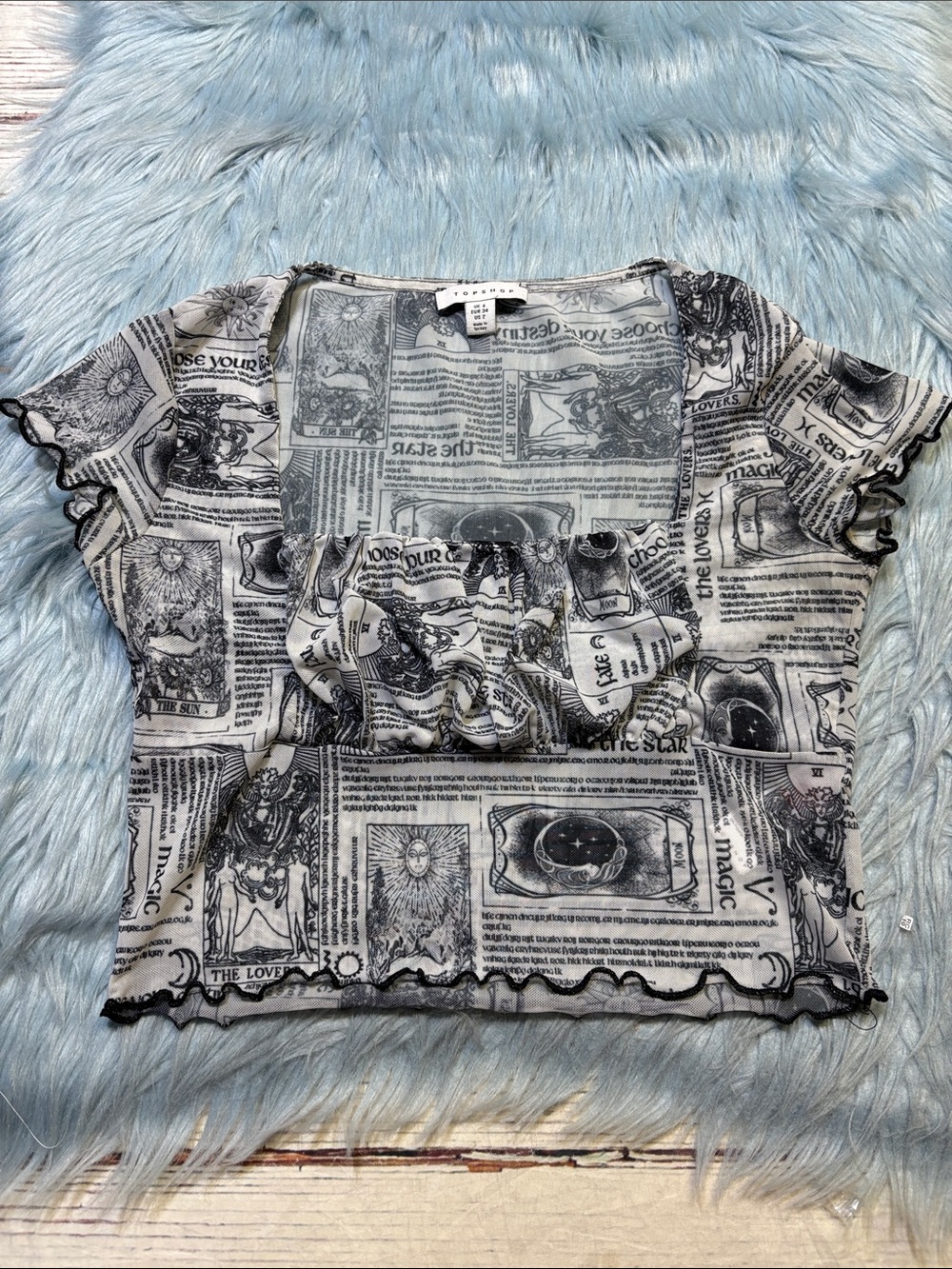Topshop Black & White Tarot Print Ruffle Crop Sheer Mesh Top sz 2